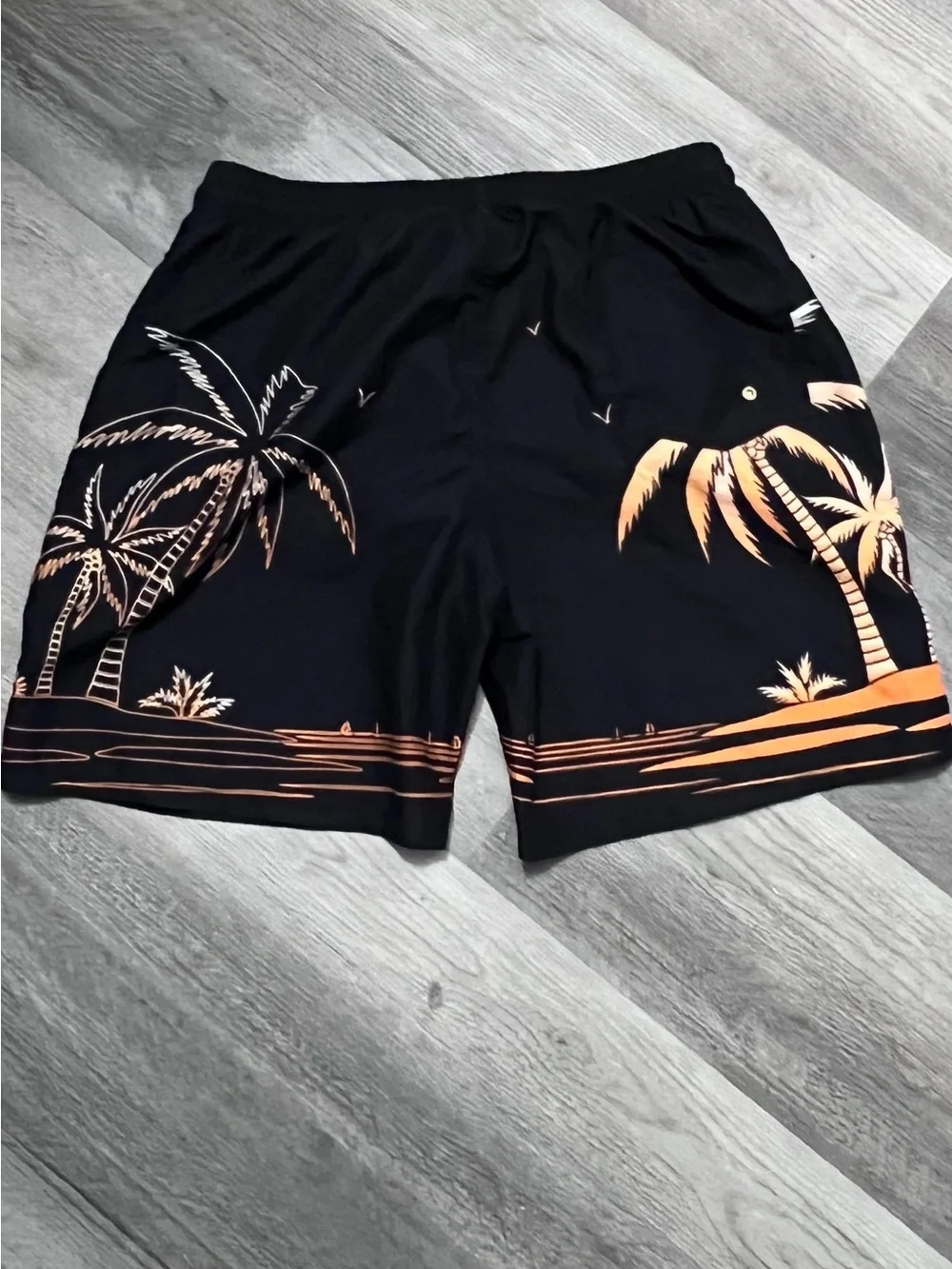 SHEIN Black Swim Trunks with Peach Palm Print